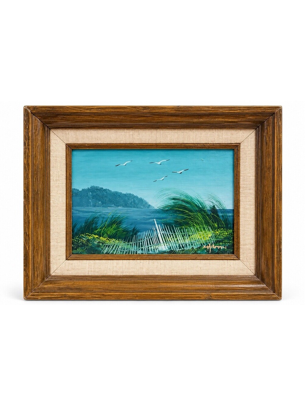 Signed Coastal Dune Painting in Wood Frame
